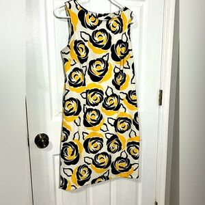 Ladies yellow black and white floral sleeveless sheath dress sz 12